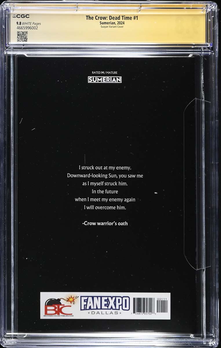 The Crow Dead Time #1 CGC SS 9.8 Mico Suayan Dallas Fan Expo Variant Signed Suayan Back