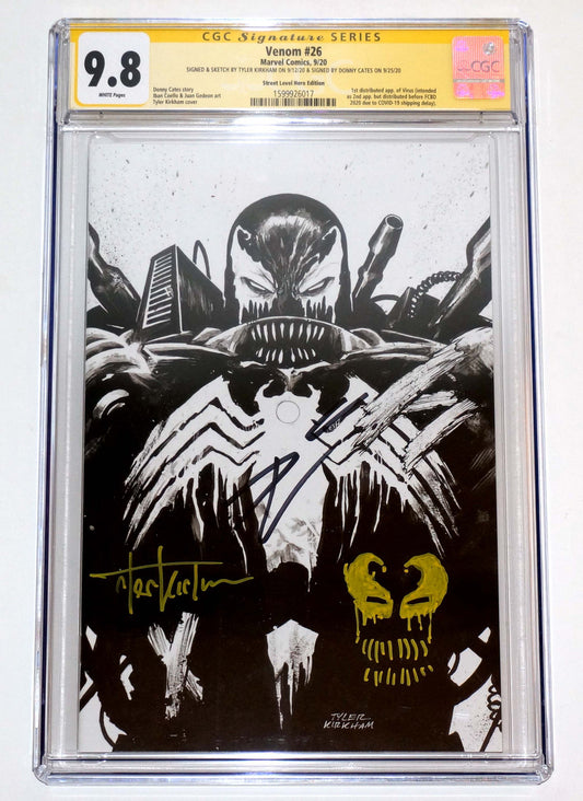 Venom #26 Tyler Kirkham B&W Virgin Variant CGC 9.8 signed & Sketch Kirkham & Cates